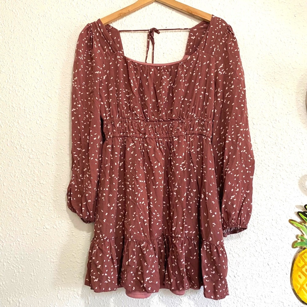 Altar'd State Rust Brown Abstract Smocked Waist Mini Dress large Boho Cottage